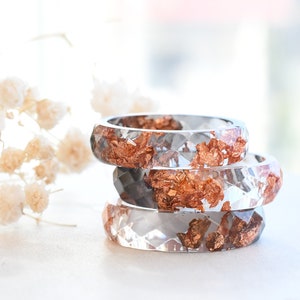 Grey and Transparent Faceted Resin Ring With Rose Gold Leaf - Alternative Engagement Rings - Men's Ring - Resin Jewelry