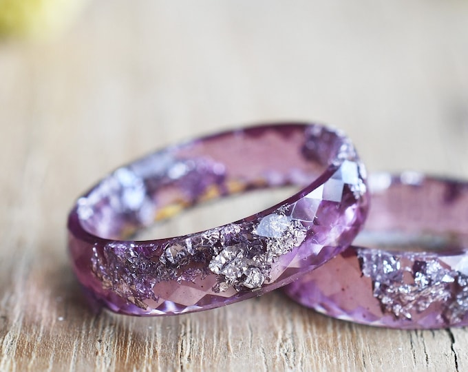 Plum Resin Ring With Silver Leaf - Promise Ring for Her - Unique Wedding Bands