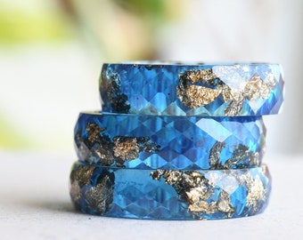 Sapphire Blue Gold Leaf Resin Ring - Unconventional Engagement Ring - Faceted Unique Mens Ring