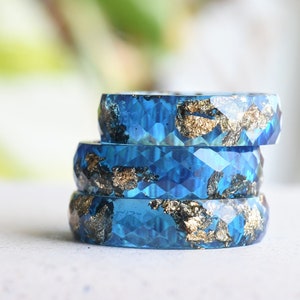 Harsring saffierblauw bladgoud - onconventionele verlovingsring - unieke gefacetteerde herenring