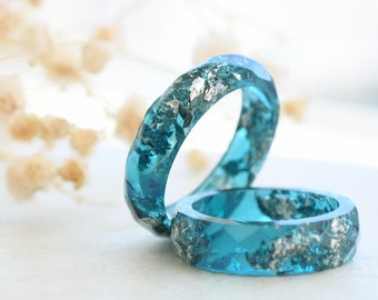 Teal Faceted Resin Ring With Silver Flakes - Stacking Ring - Unconventional Engagement Ring - Resin Jewelry