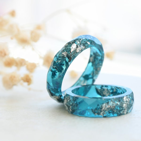 Teal Faceted Resin Ring With Silver Flakes - Stacking Ring - Unconventional Engagement Ring - Resin Jewelry