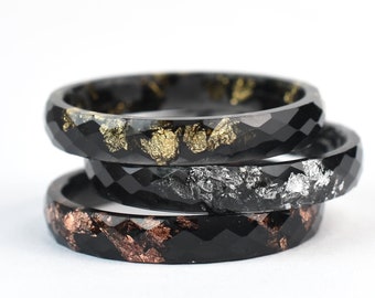 Custom Thin Black Resin Ring – Metallic Leaf in Gold, Silver, or Rose Gold, Stacking Alternative Wedding or Engagement Ring - Ring For Men
