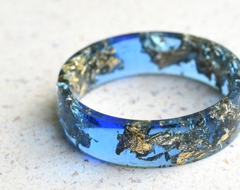 Sapphire Blue Resin Ring With Gold Leaf - Smooth Finish Wide Men's Ring - Unisex Ring