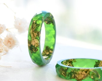 Radiant Green Resin Ring with Gold Flakes - Handmade Promise Ring