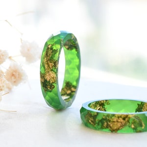 Radiant Green Resin Ring with Gold Flakes - Handmade Promise Ring