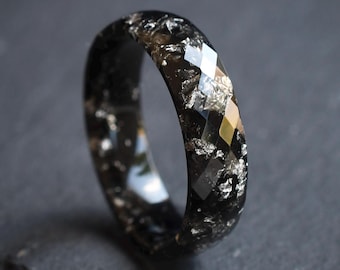 Men's Black Ring – Faceted Silver Leaf Band, 6mm Alternative Ring