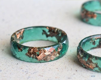Jade Resin Ring With Rose Gold Leaf - Faceted Ring - Unconventional Stacking Ring - Resin Jewelry