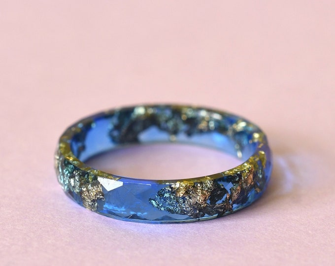 Sapphire Blue Resin Ring with Gold Leaf Accent - Minimalist Stacking Band for Men - Handcrafted Resin Jewelry