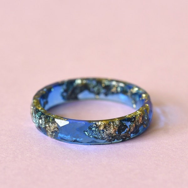Sapphire Blue Gold Leaf Ring - Thin Stacking Resin Ring - Minimalist Mens Ring - Resin Jewelry