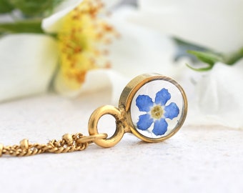 Forget Me Not Gold Terrarium Necklace - Real Dried Flower Resin Necklace - Pressed Forget Me Not Jewelry