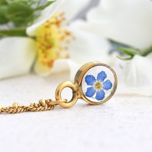 Forget Me Not Gold Terrarium Necklace Real Dried Flower Resin Necklace Pressed Forget Me Not Jewelry image 1