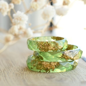 Light Green Faceted Resin Ring with Gold Flakes - Faceted Stacking Band Ring Made of Resin