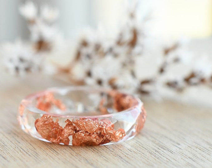 Hypoallergenic Transparent Ring With Rose Gold Leaf - Resin Stacking Ring - Resin Jewelry