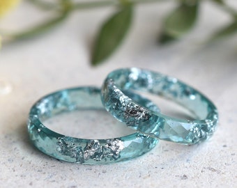 Skinny Aqua Blue Resin Ring With Silver Leaf - Unisex Faceted Band Ring