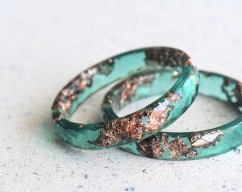 Jade Green Ring With Rose Gold Leaf - Alternative Wedding Band - Skinny Faceted Resin Ring