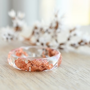 Hypoallergenic Transparent Ring With Rose Gold Leaf - Resin Stacking Ring - Resin Jewelry