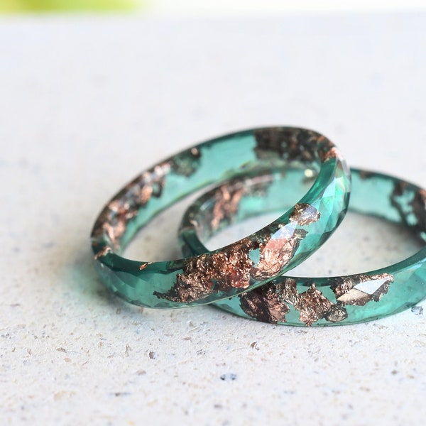 Jade Green Ring With Rose Gold Leaf - Alternative Wedding Band - Skinny Faceted Resin Ring