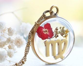 Virgo Zodiac Necklace -  Wildflower Terrarium Necklace - Real Flower Resin Jewelry