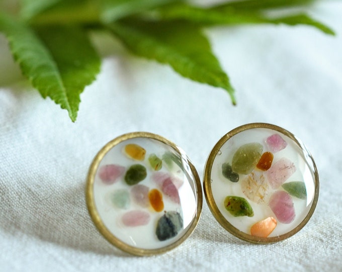 Tourmaline Chips Stud Earrings - Surgical Steel Post Earrings - Crystals Earrings - Resin Jewelry
