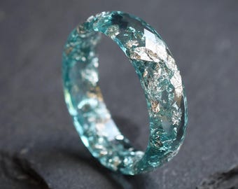 Men's Aquamarine Ring – Faceted Silver Leaf Resin, Alternative 6mm Wedding Band