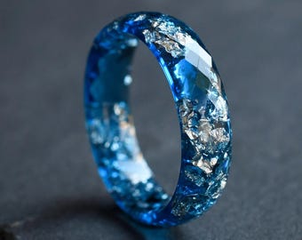 Men's Navy Blue Ring – Faceted Silver Leaf Band, 6mm Unique Resin Ring