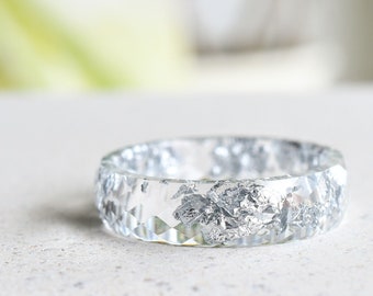 Transparent Ring With Silver Flakes - Faceted Stacking Ring - Rings For Women - Resin Jewelry