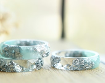 Mint and Transparent Faceted Resin Ring With Silver Flakes - Alternative Engagement Ring - Purity Ring - Resin Jewelry