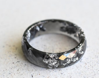 Black Faceted Resin Ring With Silver Leaf - Alternative Engagement Ring - Mens Ring