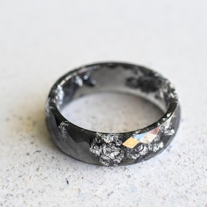 Black Faceted Resin Ring With Silver Leaf - Alternative Engagement Ring - Mens Ring