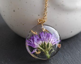 September Birth Flower Necklace, Real Aster Flower Pendant, Pressed Flower Jewelry, Purple Botanical Necklace, Birthday Gift