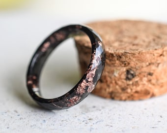 Black Resin Ring With Rose Gold Leaf - Thin Faceted Stacking Ring - Resin Jewelry