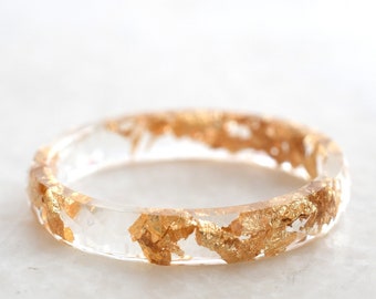 Skinny Transparent Faceted Resin Ring With Gold Foil - Unconventional Wedding Band Ring