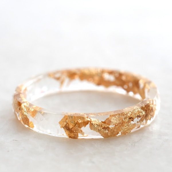 Skinny Transparent Faceted Resin Ring With Gold Foil - Unconventional Wedding Band Ring