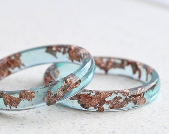 Ocean Blue Rose Gold Leaf Resin Ring - Smooth Stacking Ring - Thin Minimalist Ring