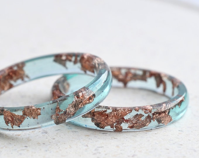 Ocean Blue Rose Gold Leaf Resin Ring - Smooth Stacking Ring - Thin Minimalist Ring
