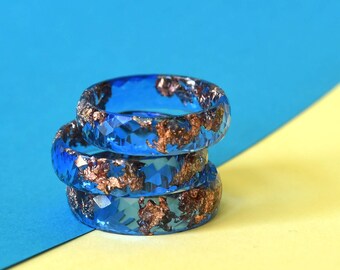 Cobalt Blue Ring with Rose Gold Leaf - Mens Wedding Band - Faceted Rings For Men - Resin Jewelry