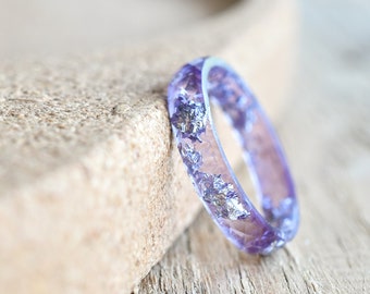 Thin Amethyst Color Faceted Resin Ring With Silver Flakes - Unisex Band Ring