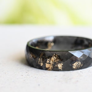 Black Resin Ring With Gold Leaf Alternative Engagement Ring Faceted Mens Ring image 5