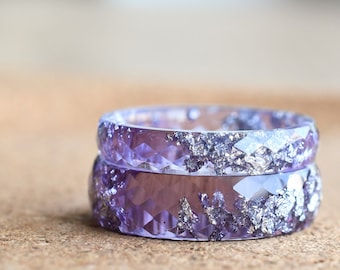 Matching Couples Ring set - Lavender Resin Ring with Silver Leaf - Faceted Band Ring - Resin Stacking Ring