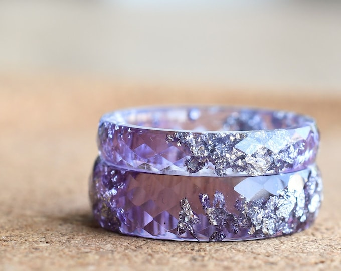 Matching Couples Ring set - Lavender Resin Ring with Silver Leaf - Faceted Band Ring - Resin Stacking Ring