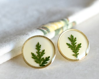 Green Leaf Stud Earrings - Surgical Steel Post Earrings - Dried Flowers Earrings - Real Flower Jewelry