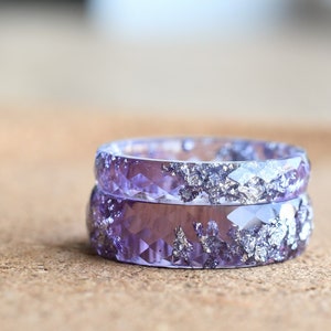 Matching Couples Ring set - Lavender Resin Ring with Silver Leaf - Faceted Band Ring - Resin Stacking Ring