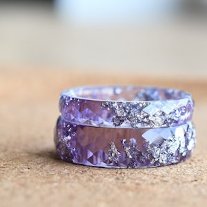 Matching Couples Ring set - Lavender Resin Ring with Silver Leaf - Faceted Band Ring - Resin Stacking Ring