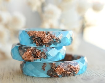 Handcrafted Blue Resin Ring with Rose Gold Leaf – Dainty Stacking & Promise Ring – Unique Alternative Engagement Band