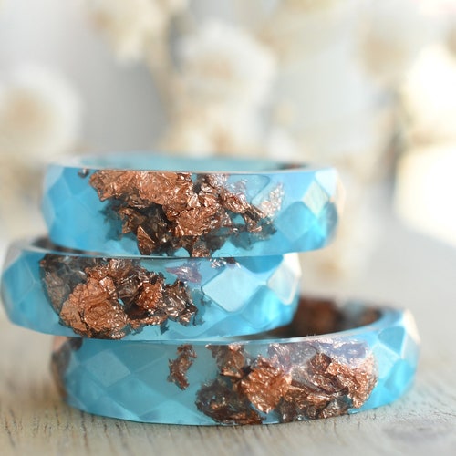 Blue Faceted Resin Ring With Copper Flakes - Promise Ring - Alternative Engagement Ring