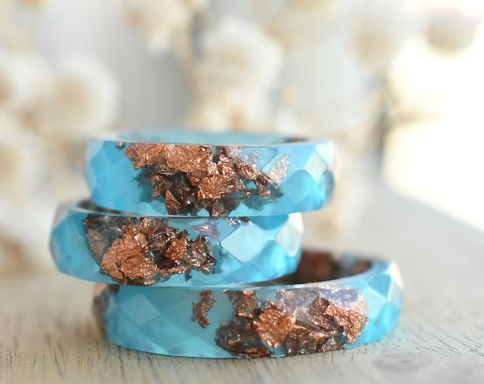 Handcrafted Blue Resin Ring with Rose Gold Leaf – Dainty Stacking & Promise Ring – Unique Alternative Engagement Band