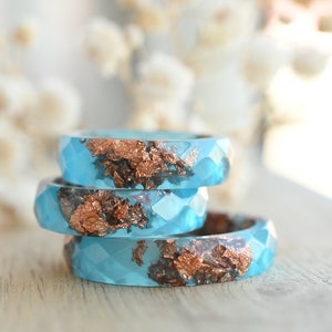 Handcrafted Blue Resin Ring: Rose Gold Leaf Stacking Band