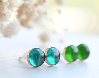 Turquoise and Green Stud Earrings - Sterling Silver Post Earrings - Resin Jewelry