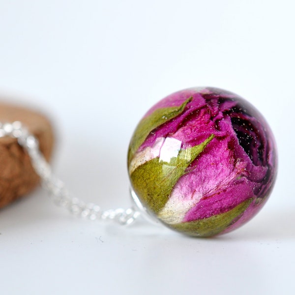 Purple Rose Necklace - Real Rosebud Resin Sphere Pendant Necklace, Pressed Flower Resin Jewelry